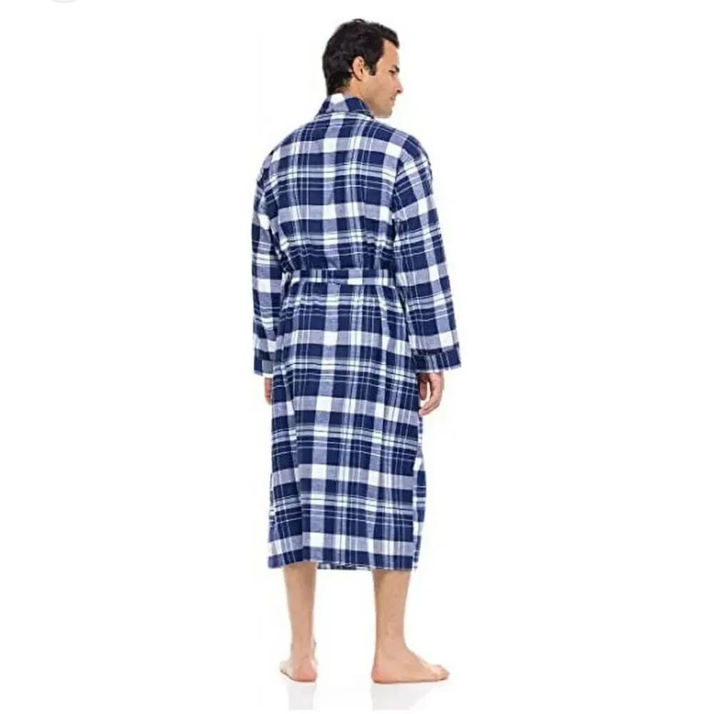 American Heaven Mens Cotton Flannel Shawl Collar Robe S-M  Plaid Blue White
